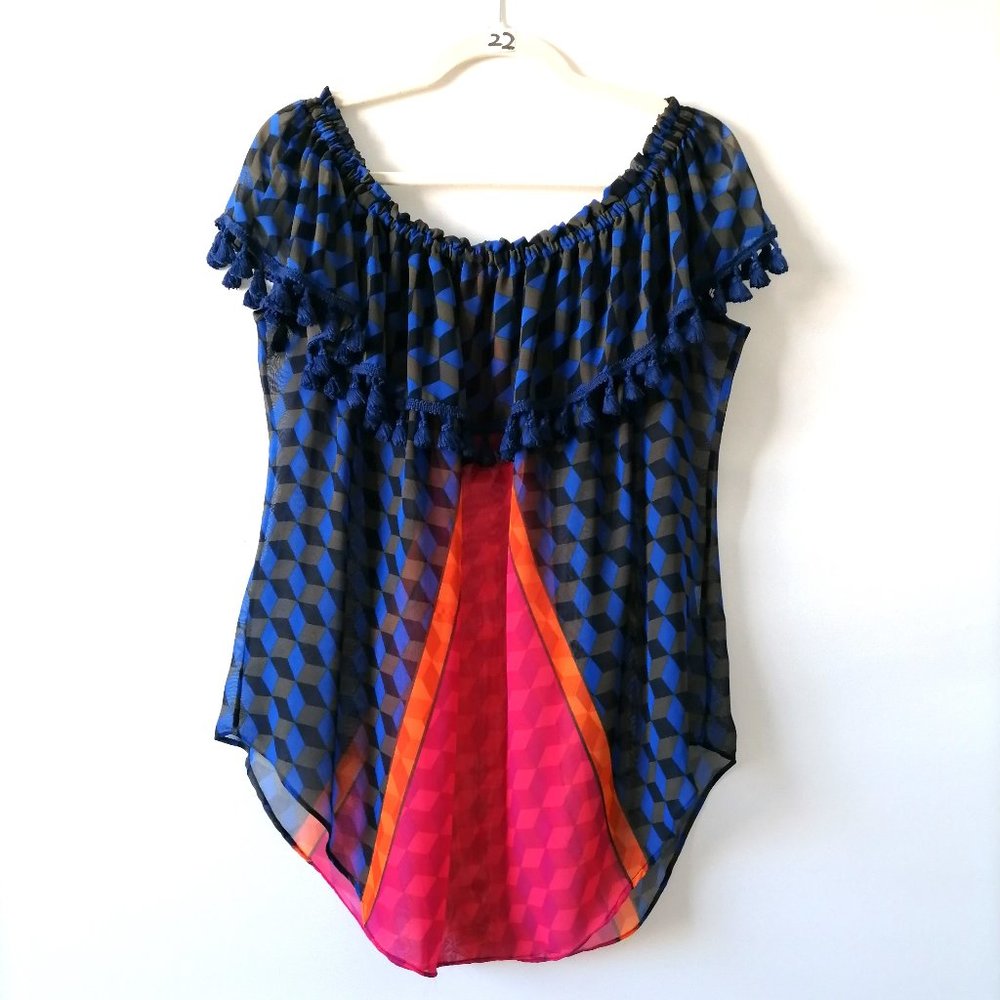 Atina Cristina Womens Multicolor Off The Shoulder Tasseled Geometric Top Size XL